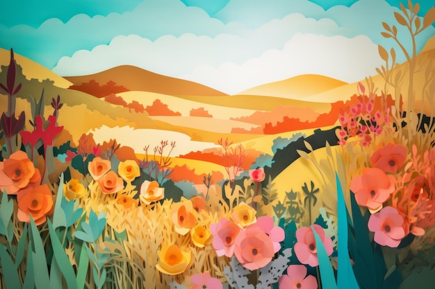 Eine farbenfrohe, aus Papier geschnittene Illustration eines Feldes mit Blumen und Bergen im Hintergrund.