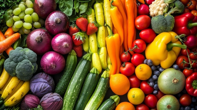 Eine farbenfrohe Ausstellung von frischem Bio-Frucht und -Gemüse, die in einem Regenbogen-Spektrum angeordnet sind, das Gesundheit und natürliche Vielfalt symbolisiert