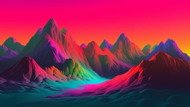 Eine farbenfrohe Berglandschaft mit einem lebendigen Regenbogenhimmel. Generative KI