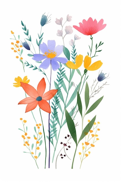 Eine farbenfrohe Blumenillustration mit einer roten Blume auf der Unterseite.