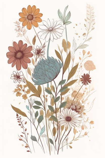 Eine farbenfrohe Blumenillustration mit einer weißen Blume in der Mitte.