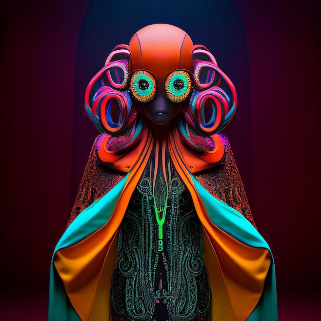 Eine farbenfrohe Figur mit langem Hals und einem langen Schal mit der Aufschrift „Alien“.
