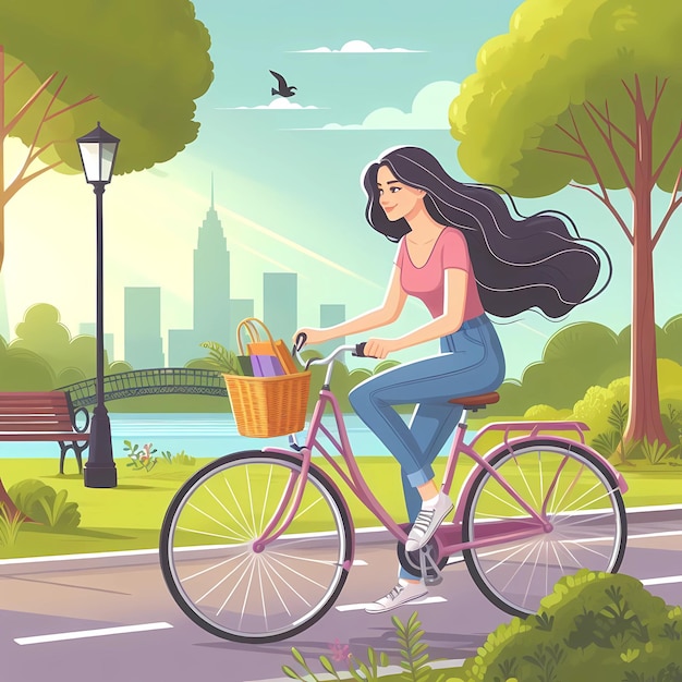 Eine farbenfrohe Flatstyle-Illustration einer Frau, die im Sommer im Park Fahrrad fährt
