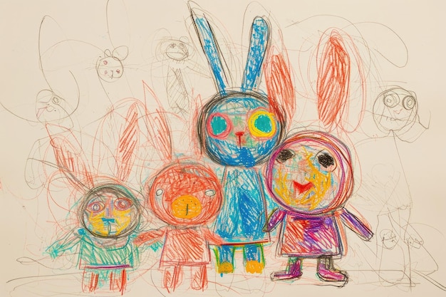 Eine farbenfrohe Gruppe verschiedener Kaninchenarten, die von Hand gezeichnet wird