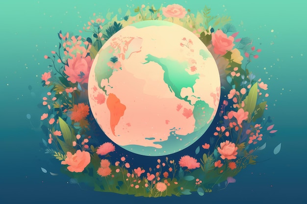 Eine farbenfrohe Illustration der Erde mit der Welt darauf