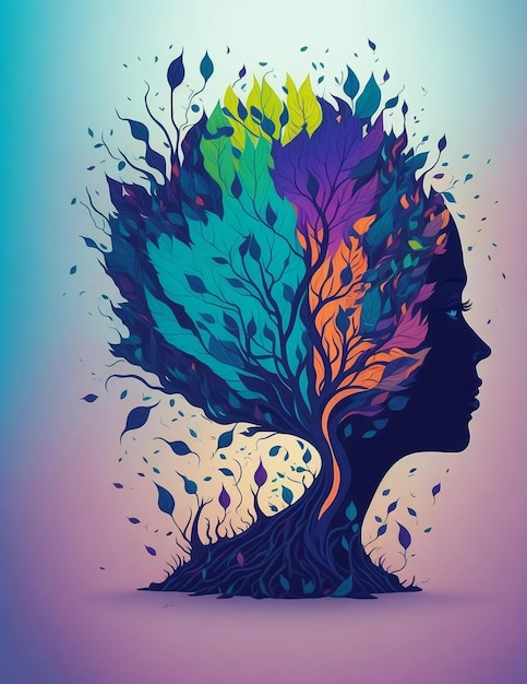 Eine farbenfrohe Illustration des Kopfes einer Frau mit einem Baum und den Worten „Baum“ darauf.