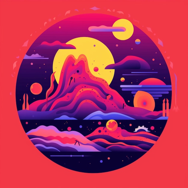 Eine farbenfrohe Illustration einer Bergkette mit einem Mond im Hintergrund.