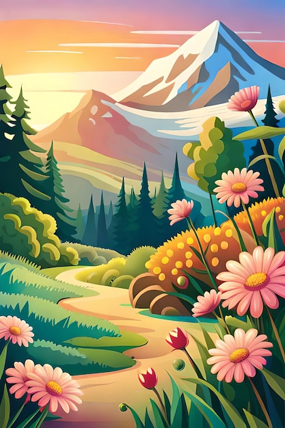Eine farbenfrohe Illustration einer Berglandschaft mit Sonne und Blumen.