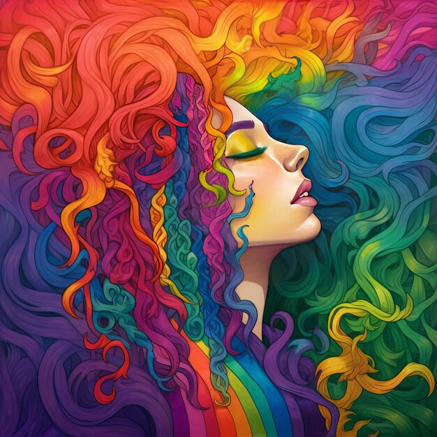 Eine farbenfrohe Illustration einer Frau mit langen Haaren und Regenbogenfarben.