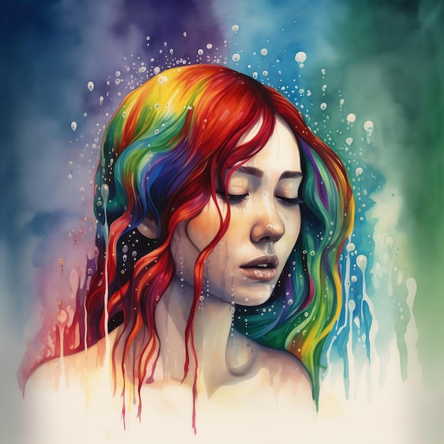 Eine farbenfrohe Illustration einer Frau mit Regenbogenhaaren und einem Regenbogen auf dem Kopf.