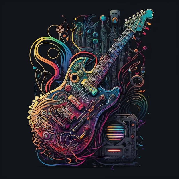 Eine farbenfrohe Illustration einer Gitarre mit einem Radio darauf.