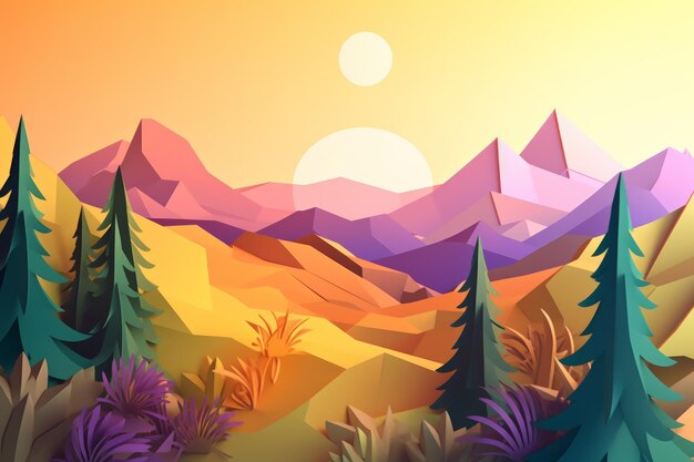 Eine farbenfrohe Illustration einer Landschaft mit Bergen und Bäumen.