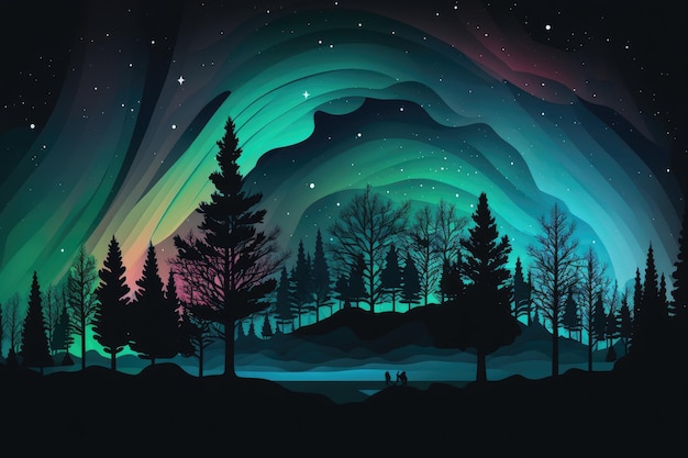 Eine farbenfrohe Illustration einer Landschaft mit einem Berg und einem Baum mit der Aurora Borealis darüber.