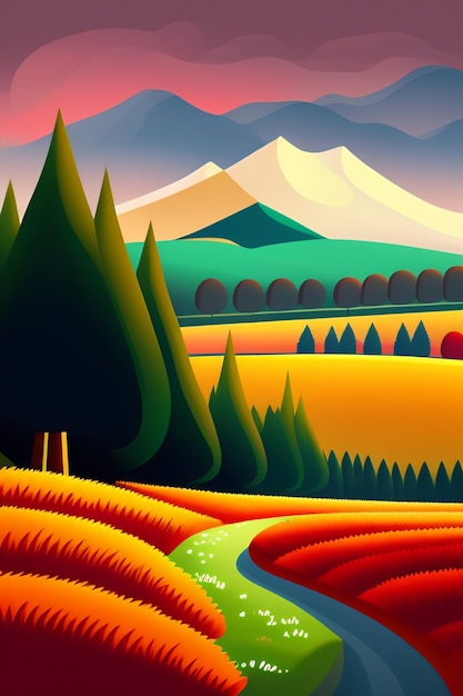 Eine farbenfrohe Illustration einer Landstraße mit Bergen im Hintergrund.