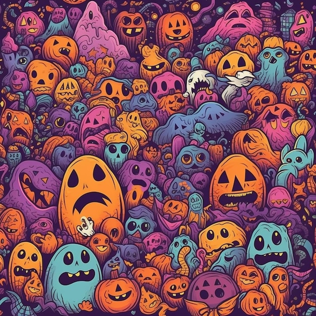 Eine farbenfrohe Illustration einer Menge Halloween-Kürbisse.