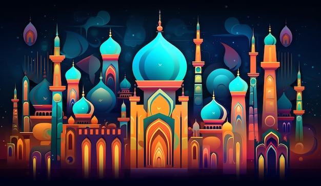 Foto eine farbenfrohe illustration einer moschee mit blauem hintergrund und den worten ramadan.