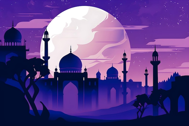 Eine farbenfrohe Illustration einer Moschee mit einem Mond im Hintergrund.