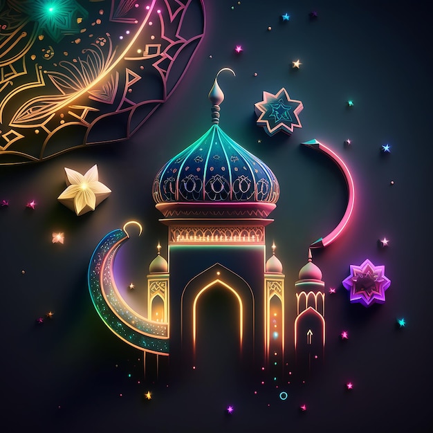 Eine farbenfrohe Illustration einer Moschee und eines Mondes mit den Worten „Ramadan“ darauf.