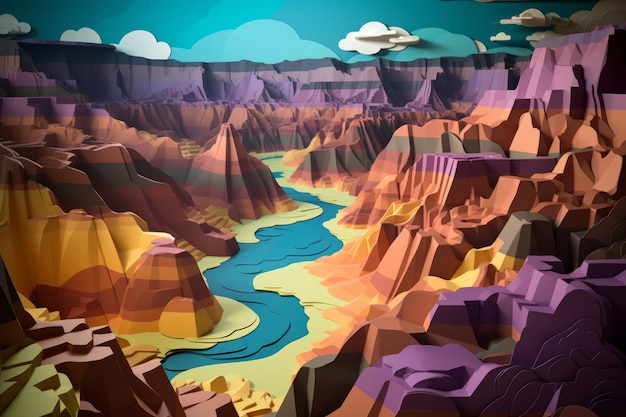 Eine farbenfrohe Illustration einer Schlucht mit einem Fluss in der Mitte.