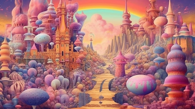 Eine farbenfrohe Illustration einer Stadt mit einem Regenbogen und einem Schloss im Hintergrund.