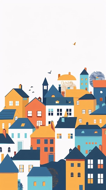 eine farbenfrohe Illustration einer Stadt mit Häusern und einem Vogel, der über ihr fliegt. Schöne ländliche Gebäude