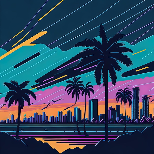 Eine farbenfrohe Illustration einer Stadt mit Palmen am Horizont.