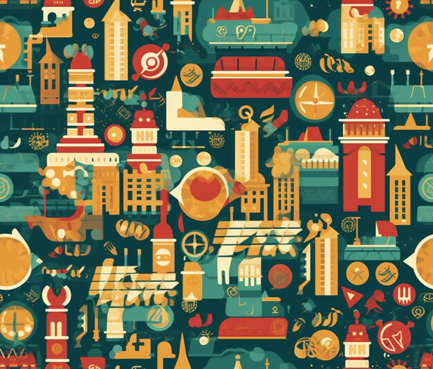 Eine farbenfrohe Illustration einer Stadt mit verschiedenen Gebäuden und den Worten „das Wort“ oben. "