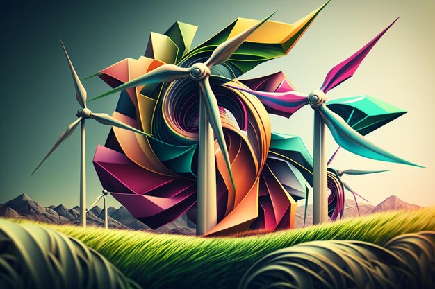 Foto eine farbenfrohe illustration einer windkraftanlage mit einer windmühle im hintergrund.