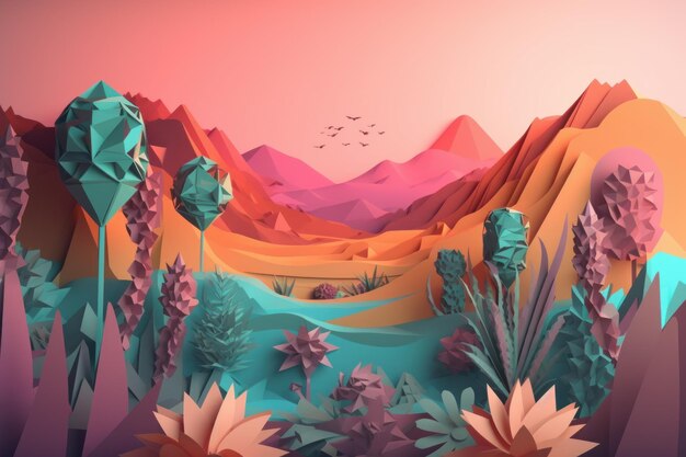 Eine farbenfrohe Illustration einer Wüstenlandschaft mit Bergen und Pflanzen.