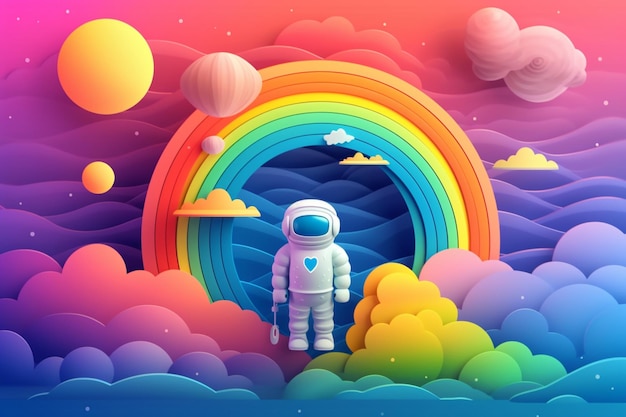 Eine farbenfrohe Illustration eines Astronauten, der in einem Regenbogen steht.