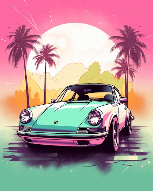 eine farbenfrohe Illustration eines Autos, das vor einer generativen Palme geparkt ist