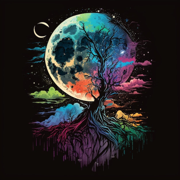 Eine farbenfrohe Illustration eines Baums mit dem Mond im Hintergrund.