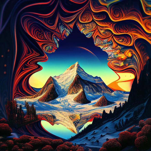 Eine farbenfrohe Illustration eines Berges mit dem Wort Berg darauf
