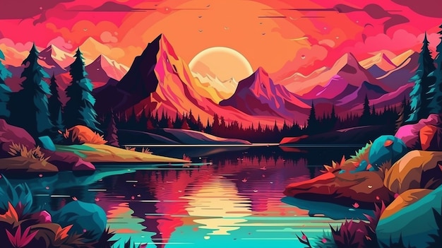 Eine farbenfrohe Illustration eines Bergsees mit Sonnenuntergang und Bergen im Hintergrund.