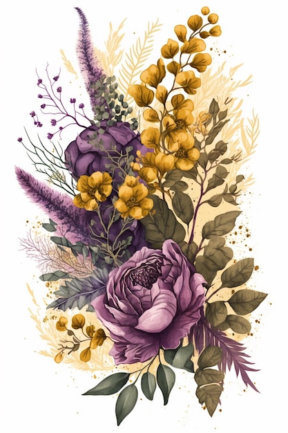 Eine farbenfrohe Illustration eines Blumenstraußes mit goldenen und violetten Blättern.