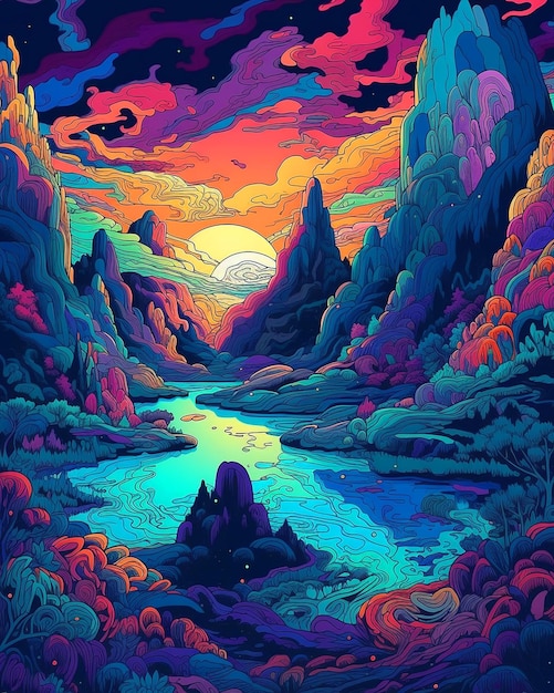 Eine farbenfrohe Illustration eines Flusses mit einem Berg im Hintergrund.