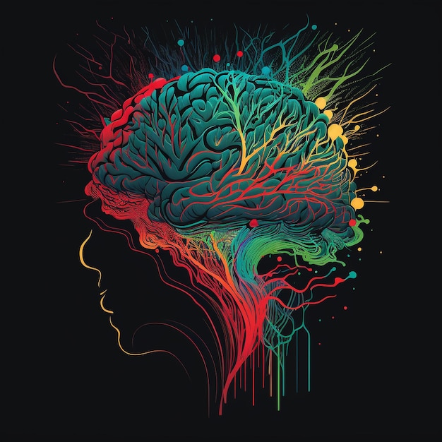 Eine farbenfrohe Illustration eines Gehirns, aus dem die Baumwurzeln wachsen.