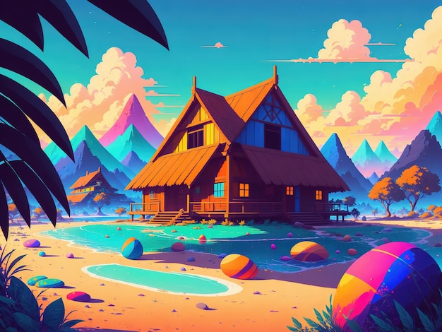Eine farbenfrohe Illustration eines Hauses in einer Berglandschaft.