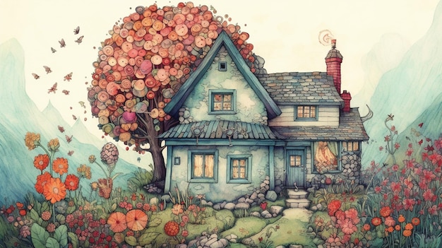 Eine farbenfrohe Illustration eines Hauses mit einem Baum im Hintergrund.