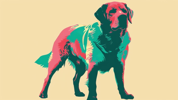 Foto eine farbenfrohe illustration eines hundes der hund steht mit dem kopf leicht nach links gedreht. er hat einen grünen körper, einen rosa kopf und einen blauen schwanz.