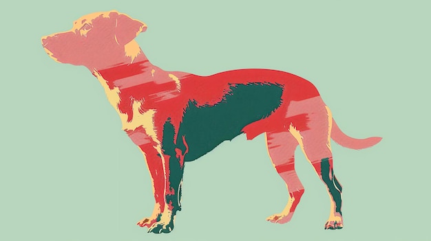 Eine farbenfrohe Illustration eines Hundes im Pop-Art-Stil. Der Hund steht im Profil und hat einen rosa und roten Körper. Der Hintergrund ist hellgrün.