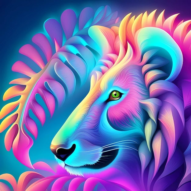 eine farbenfrohe Illustration eines Löwen mit buntem Hintergrund.