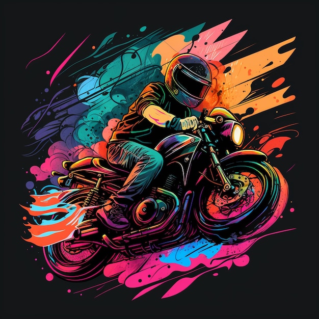 Eine farbenfrohe Illustration eines Mannes, der ein Motorrad mit dem Wort Dirt Bike fährt.
