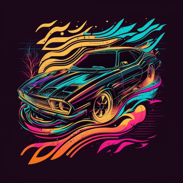 Eine farbenfrohe Illustration eines Muscle-Cars mit Flammen auf der Unterseite.