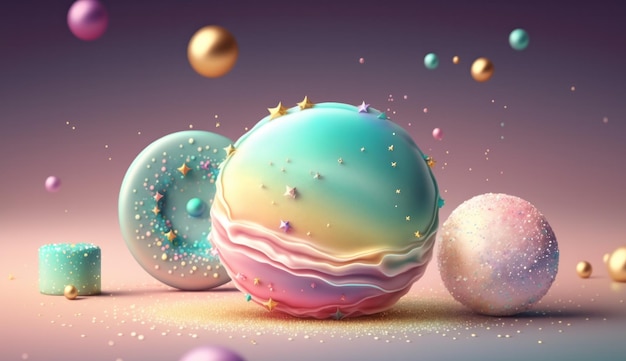 Eine farbenfrohe Illustration eines Planeten mit einem Donut darauf