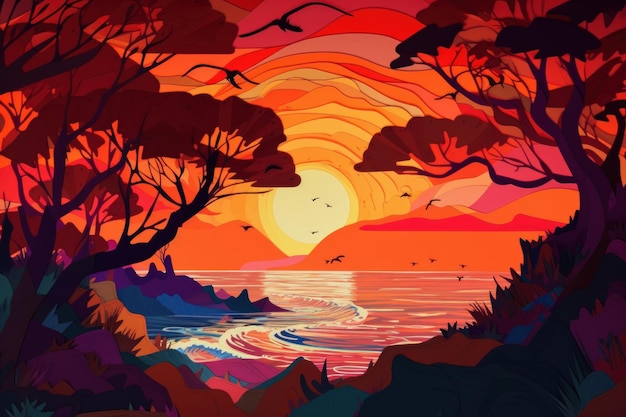 Eine farbenfrohe Illustration eines Sonnenuntergangs mit Sonnenuntergang und dem Meer.