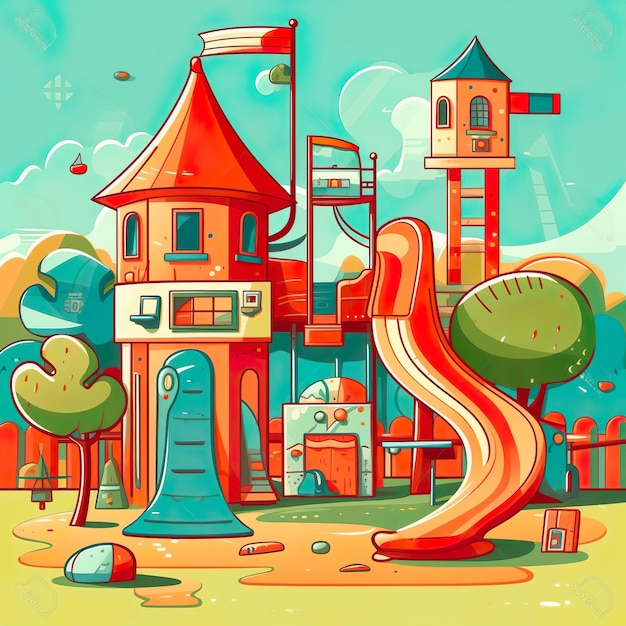 Eine farbenfrohe Illustration eines Spielplatzes mit Rutsche und Rutsche