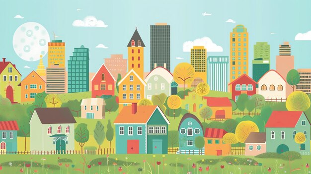 Eine farbenfrohe Illustration eines Stadtlandschafts mit einer Vielzahl von Häusern, Bäumen und Blumen