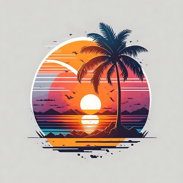 Eine farbenfrohe Illustration eines Strandes mit Palmen und einem Sonnenuntergang. Generative KI