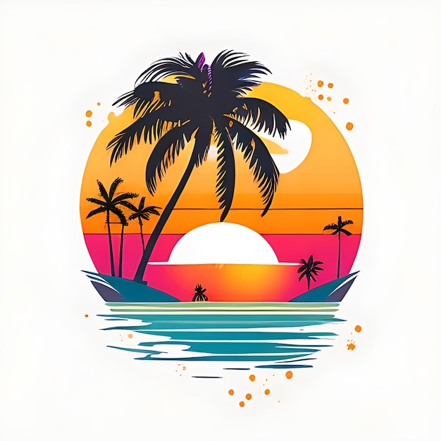Eine farbenfrohe Illustration eines Strandes mit Palmen und einem Sonnenuntergang Generative KI